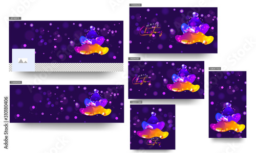 Social Media Header or Banner, Poster and Template Design with Creative Xmas Tree made by Abstract Fluid Art with Decorative Lighting Garland on Purple Bokeh Background.