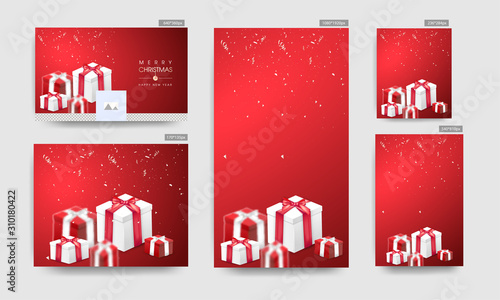 Merry Christmas & Happy New Year Celebration Banner, Poster and Template Design with 3D Gift Boxes and Confetti Decorated on Red Background.