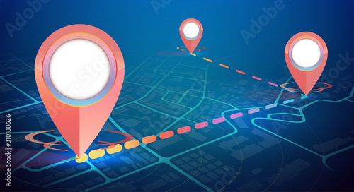 GPS icon showing on city map 3 point  with line connect