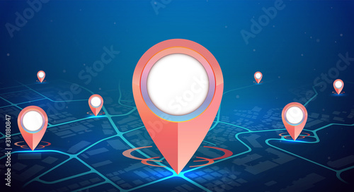 GPS navigation system with red pins showing on city map