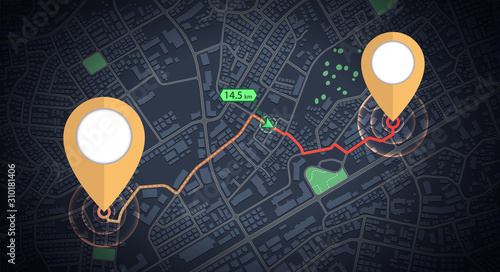 GPS mock up icon tracking with distance arrow on city map