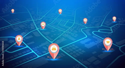 GPS pins with sign icon showing on city map blue color