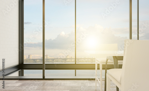 office with open space on the background of the evening city. meeting room in a modern style. Brick walls. large panoramic windows.. 3D rendering. Sunset.