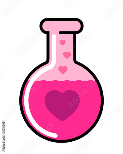 Love potion - alchemic liquid substance and drink for affection, romantic emotion and falling in love. Vector illustration isolated on white.