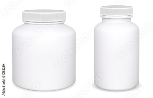 Supplement pill bottle mockup collection. Vitamin, aspirin white plastic box design, isolated on background. Pharmacy capsule jar 3d blank template. Realistic tablet drug container set. Medication