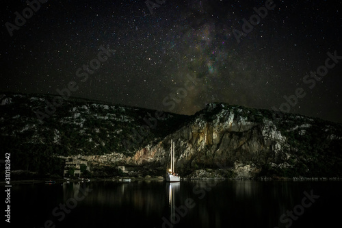 Sailing yacht at night in a quiet bay. The Milky Way is visible in the sky. Greece. Khalkidhiki