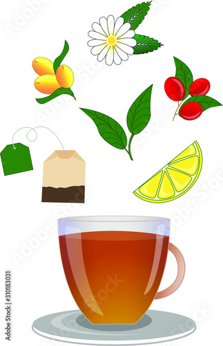 Set of cup of tea. Tea bag. Green tea, tea with sea buckthorn, lemon, cranberries, raspberries and chamomile.