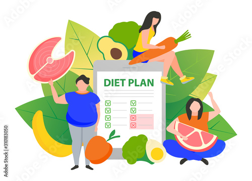 Nutritionist and diet plan checklist product. People with healthy food.