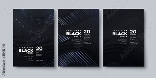 Electronic music festival. Modern posters design. Black party invitation. Abstract background. Black geometric wavy shapes, silver glitters and patterns. Vector illustration. Club invitation template.
