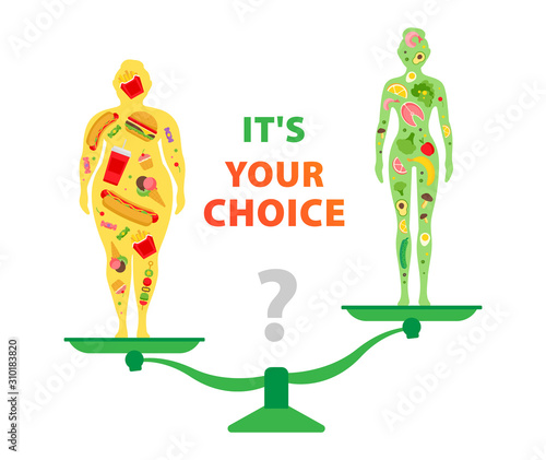 Your choice. Healthy and unhealthy food. The effect of nutrition on human weight. Fastfood vs balanced menu.