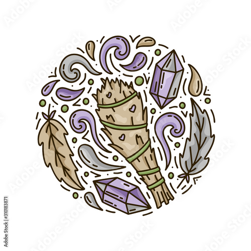 Sage smudge stick. Cartoon bunch of plants with jets of smoke, bird feathers and amethyst crystals. Round doodle template for magic. Hand drawn vector concept. Color illustration poster