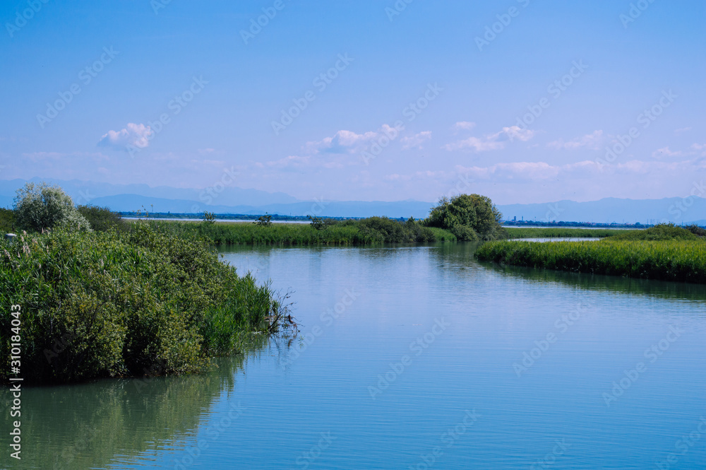 Beautiful lake horizon with clear blue sky