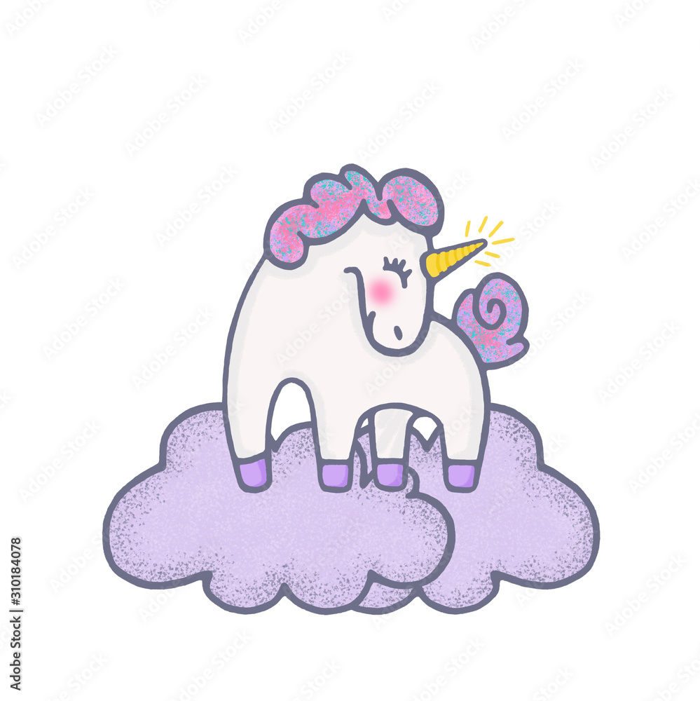 illustration with funny unicorn оn the clouds. Сolorful doodle with cute pony with pink mane. illustration with funny unicorn оn the clouds. Сolorful doodle with cute pony with pink mane.