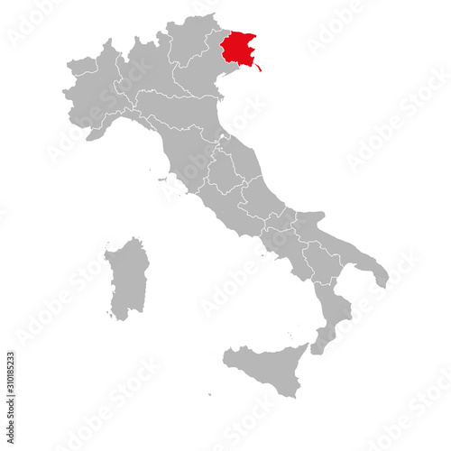 Friuli venezia giulia marked red on italy map. Gray background. Italian political map.