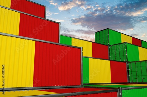 3D illustration Container terminal full of containers with flag of Mali