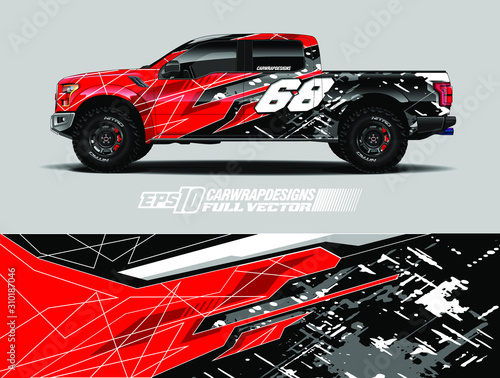 Pick up wrap design vector. Graphic abstract stripe racing background kit designs for wrap vehicle, race car, rally, adventure and livery. Full vector eps 10