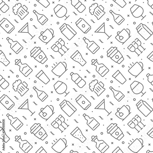 Beverages related seamless pattern with outline icons