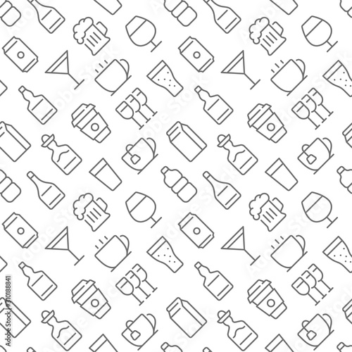 Beverages related seamless pattern with outline icons