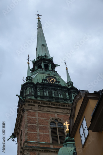 Church of St. Gertrude. German church, spire and clock. Stockholm, Sweden.
