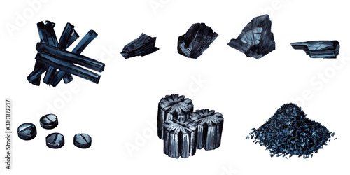 Set of natural charcoal raw and products. Stones, pencils, tablets, briquettes, powder.  Watercolor hand painted elements isolated on white background.