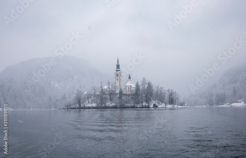 Lake bled in winter with snow and a cold atmosphere