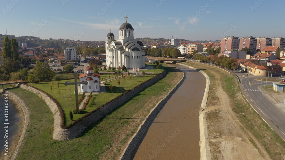 Valjevo, Serbia- October 2019 Resurrection of the Lord monastery on confluence of Kolubara and Gradac rivers. Areal shot. Sunny day