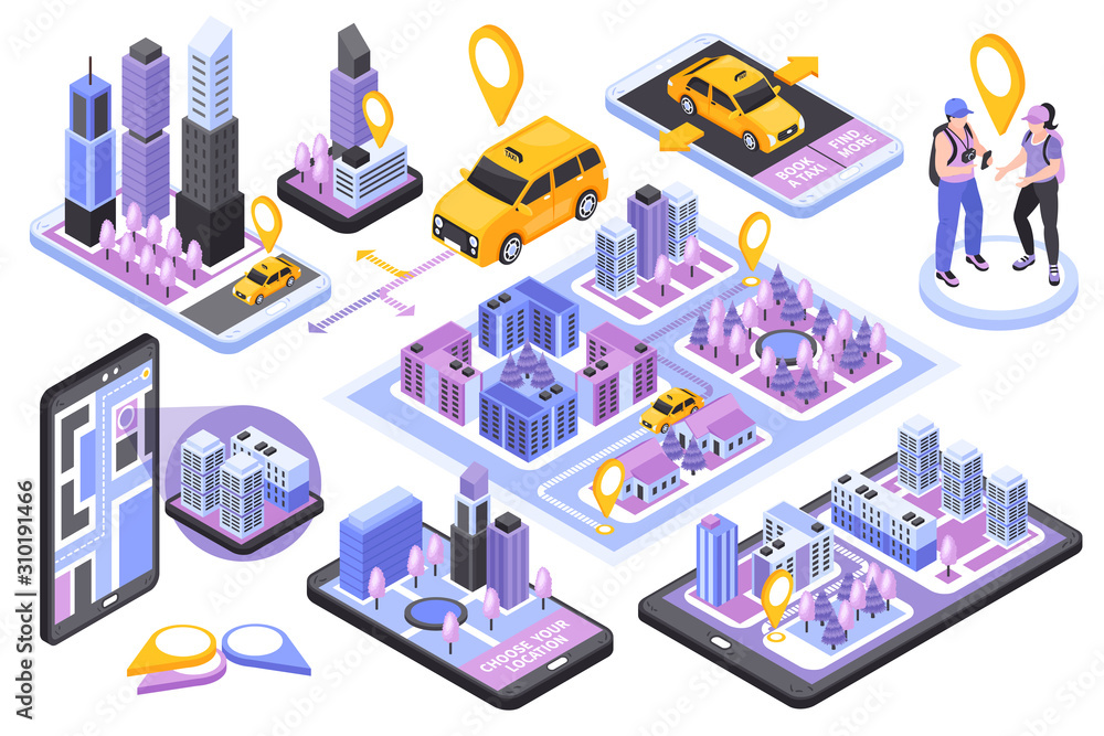 Taxi Navigation Isometric Set Taxi Navigation Isometric Set