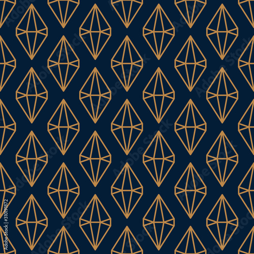 Rhombus Gemstone Seamless pattern in minimal trendy style. Gold linear diamonds on a dark blue background. Vector