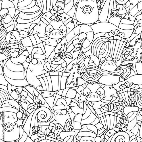 Doodle seamless pattern with cute kawaii mice and Christmas decorations. Symbol of Chinese New Year 2020. Cheerful mouse with gifts. 