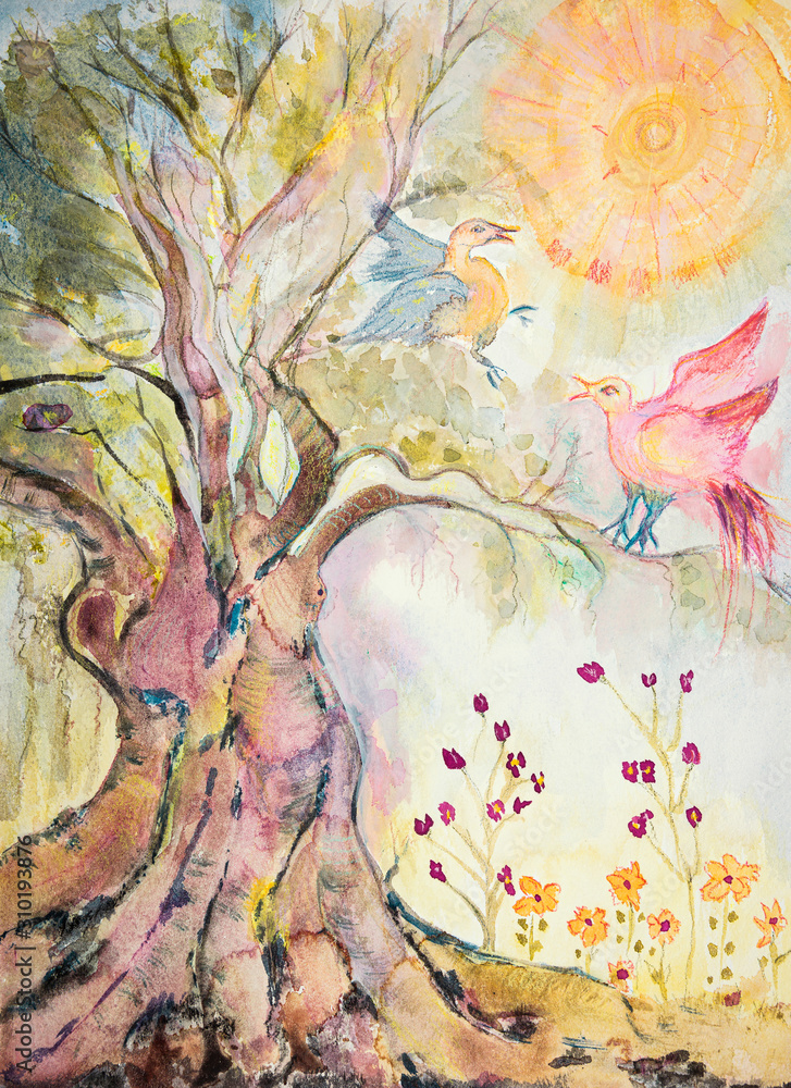 Tree of life with playing doves. The dabbing technique near the edges gives a soft focus effect due to the altered surface roughness of the paper.