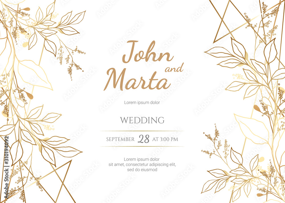 Wedding Invitation with Gold Flowers. background with geometric golden  frame. Cover design with an ornament of golden  templates for  banner, flyer, poster, greeting. eps8 Stock Vector | Adobe Stock