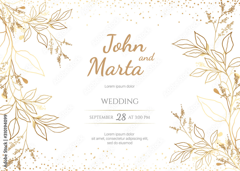Wedding Invitation with Gold Flowers. background with geometric golden frame. Cover design with an ornament of golden leaves.Trendy templates for banner, flyer, poster, greeting. eps8 - obrazy, fototapety, plakaty 