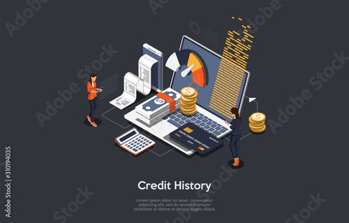 Isometric credit history concept. People are analysing, calculate and checking credit history. Vector illustration