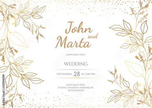 Wedding Invitation with Gold Flowers. background with geometric golden frame. Cover design with an ornament of golden leaves.Trendy templates for banner, flyer, poster, greeting. eps8