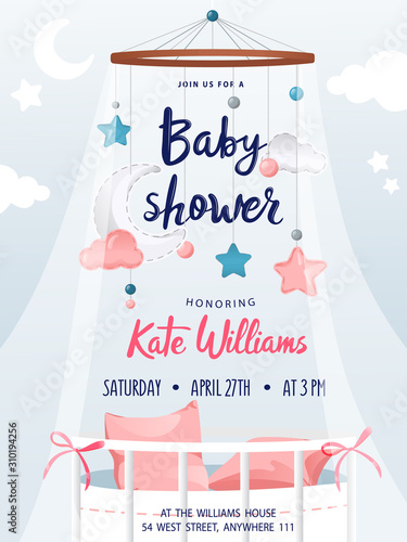 Baby shower boy and girl, invitation card with decorations and place for text. Greeting cards. Flat style. Vector illustration