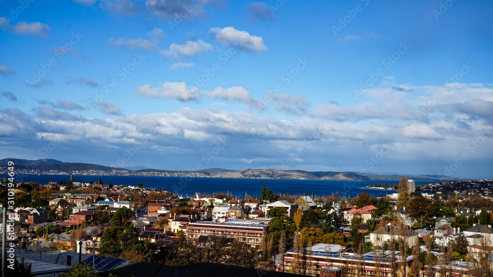 Skyline houses with a range of architectural styles from above, Hobart, Tasmania, Australia