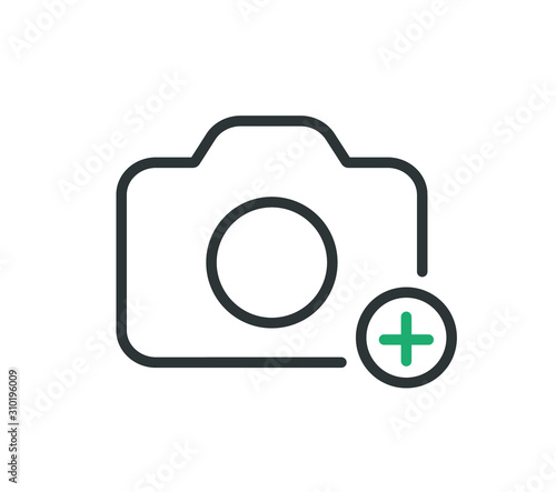 Camera with plus line icon. Add photo. Vector icon.