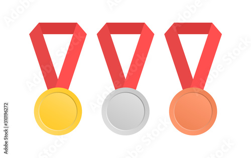 Collection of medals with a red ribbon in a flat style. Gold, silver and bronze medal.