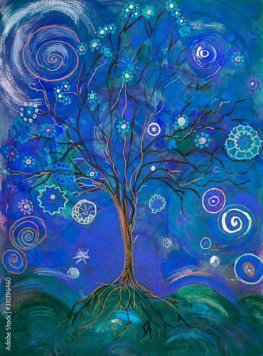 Canvas Print Blue tree of life with lollypops and curls