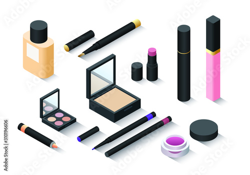 Vector isometric set with different decorative cosmetics item, make up catalogue in black design, realistic illustration 