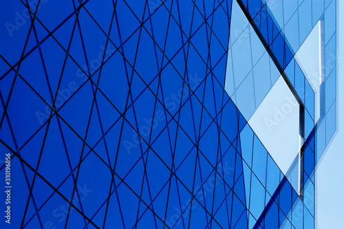 Digitally rendered image of modern architecture fragment with glass wall, ceiling, roof or windows. Structural glazing. Checkered transparent panels. Abstract geometric background with grid pattern.