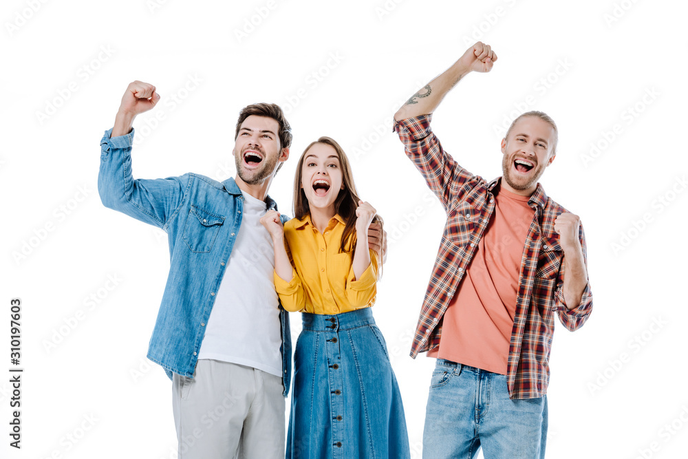 Obraz premium happy young friends showing yes gesture isolated on white