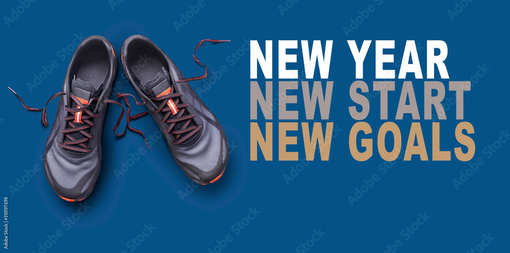 A New Year's Resolution sports, fitness message encouraging a healthy start to the new year on a blue background with space for a checklist and text.