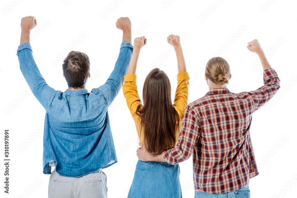 back view of young friends showing yes gesture isolated on white back view of young friends showing yes gesture isolated on white