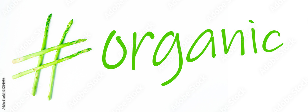 Fototapeta premium conceptual idea organic, hashtag made of asparagus, healthy food, green food, hashtag health.