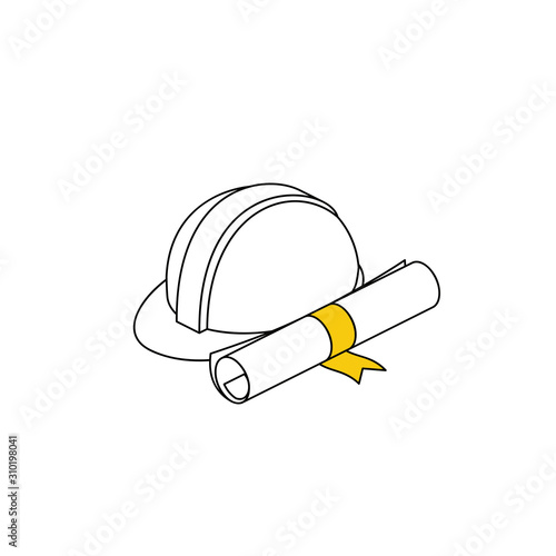 Construction helmet, drawing. Vector line, 3d stroke isometric, color web icon, new flat style. Creative illustration design, abstract idea for infographics.