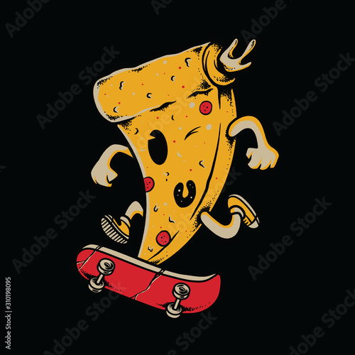 Cute Mascot Pizza Skateboarding Graphic Illustration Vector Art T-shirt Design