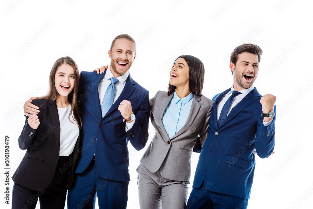 happy multicultural business people in suits laughing and showing yes gestures isolated on white happy multicultural business people in suits laughing and showing yes gestures isolated on white
