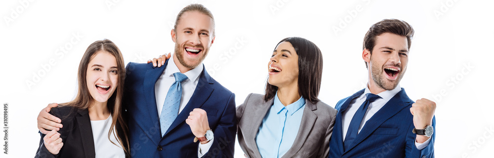 happy multicultural business people in suits laughing and showing yes gestures isolated on white, panoramic shot happy multicultural business people in suits laughing and showing yes gestures isolated on white, panoramic shot