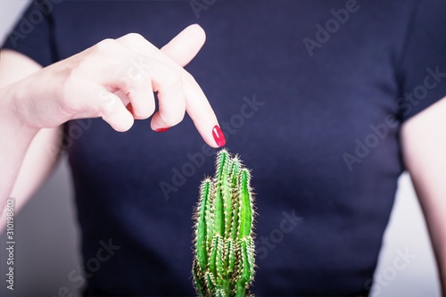 Quadro em tela Female hand with red nail polish and green cactus